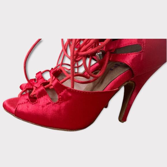 Burju Latin Dance Alemana Red Satin Open Toe Lace Up Heeled Sandals Size 6.5 - Picture 6 of 16